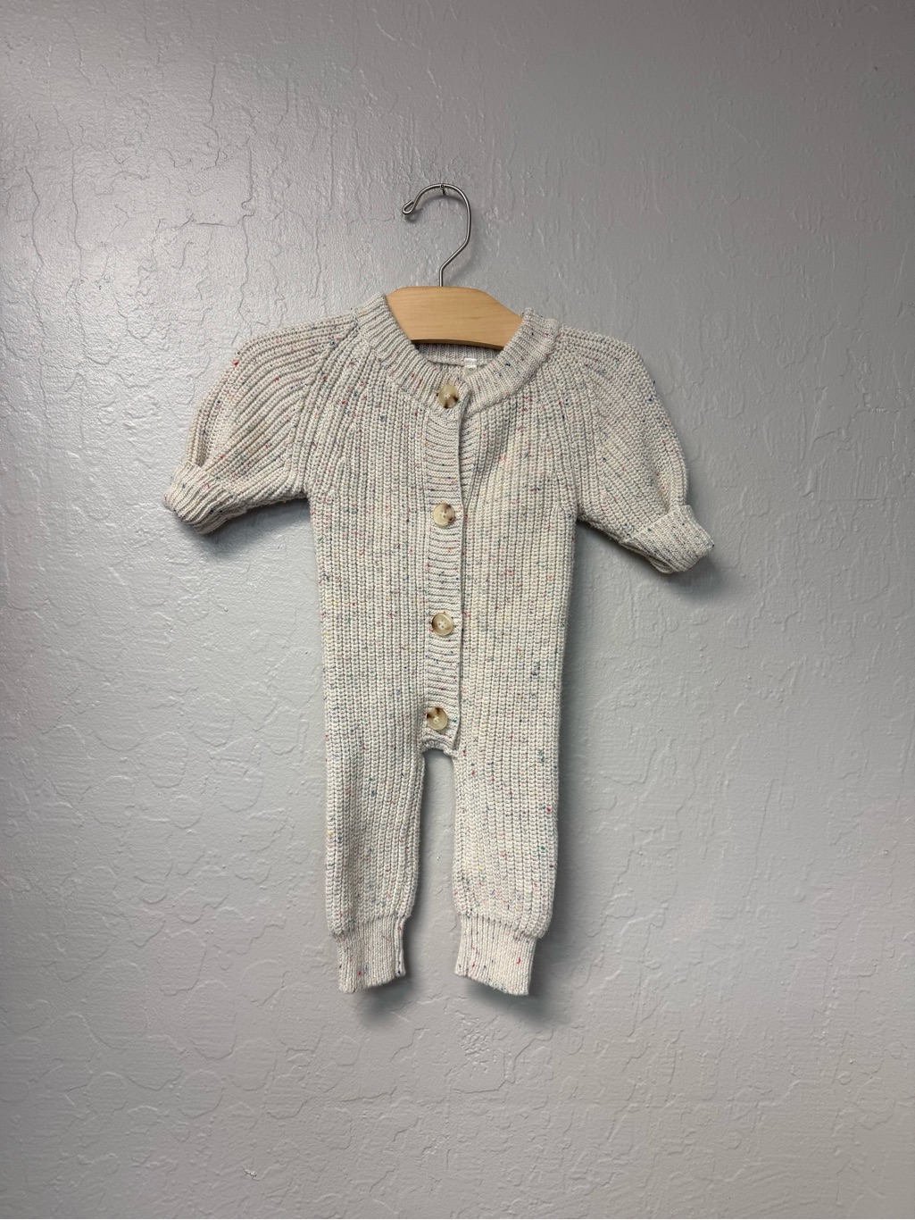 $42 Add On Oat Neutral Button Confetti Beige Sweater Romper 0-6m Zara Jamie Kay